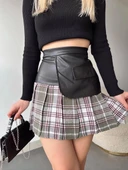 Deri garnili cepli ekose etek siyah s24604 thumbnail 5