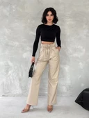 Kendinden ince kemerli deri pantolon bej t1178 thumbnail 1