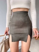 Çift yurtmaçlı süet etek haki s241002 thumbnail 1