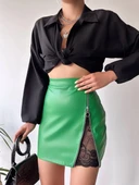 Dantelli fermuarlı deri etek yeşil w24598 thumbnail 1