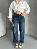 Palazzo bıyık enzim yıkama jeans pantolon koyu mavi d2008 thumbnail 4