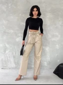 Kendinden ince kemerli deri pantolon bej t1178 thumbnail 5