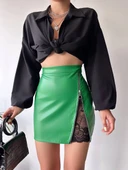 Dantelli fermuarlı deri etek yeşil w24598 thumbnail 4