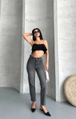 Mom fit enzim taş yıkama jeans pantolon füme d2006 - 3