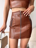Üç fermuarlı deri etek kahve s24510 thumbnail 1