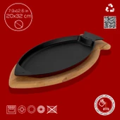 Lava Döküm Balık Tabağı Döküm Demir Yekpare Kulplu Kayın Servis Ahşabı Ölçü 20x32cm.-Bordo - 4