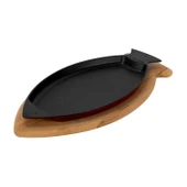 Lava Döküm Balık Tabağı Döküm Demir Yekpare Kulplu Kayın Servis Ahşabı Ölçü 20x32cm.-Bordo - 2