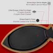 Lava Döküm Balık Tabağı Döküm Demir Yekpare Kulplu Kayın Servis Ahşabı Ölçü 20x32cm.-Bordo - 6
