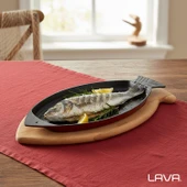 Lava Döküm Balık Tabağı Döküm Demir Yekpare Kulplu Kayın Servis Ahşabı Ölçü 20x32cm.-Bordo - 7