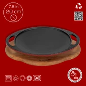 Lava Döküm Yuvarlak Saç Kavurma Tavası Döküm Demir Yekpare Çift Kulplu Kayın Servis Ahşabı Çap(Ø)20cm.-Bordo thumbnail 4