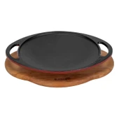 Lava Döküm Yuvarlak Saç Kavurma Tavası Döküm Demir Yekpare Çift Kulplu Kayın Servis Ahşabı Çap(Ø)20cm.-Bordo thumbnail 1