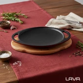 Lava Döküm Yuvarlak Saç Kavurma Tavası Döküm Demir Yekpare Çift Kulplu Kayın Servis Ahşabı Çap(Ø)20cm.-Bordo thumbnail 7