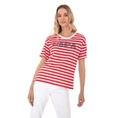 Kadın Kırmızı Çizgili Bisiklet Yaka Tişört thumbnail 3