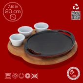 Lava Döküm Yuvarlak Saç Kavurma Tavası Döküm Demir Yekpare Çift Kulplu Kayın Servis Ahşabı Çap(Ø)20cm. (Sos kapları dahil değildir)-Bordo thumbnail 4