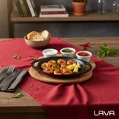 Lava Döküm Yuvarlak Saç Kavurma Tavası Döküm Demir Yekpare Çift Kulplu Kayın Servis Ahşabı Çap(Ø)20cm. (Sos kapları dahil değildir)-Bordo thumbnail 7