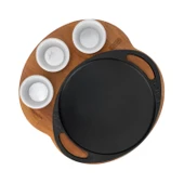 Lava Döküm Yuvarlak Saç Kavurma Tavası Döküm Demir Yekpare Çift Kulplu Kayın Servis Ahşabı Çap(Ø)20cm. (Sos kapları dahil değildir)-Bordo thumbnail 3