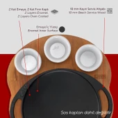 Lava Döküm Yuvarlak Saç Kavurma Tavası Döküm Demir Yekpare Çift Kulplu Kayın Servis Ahşabı Çap(Ø)20cm. (Sos kapları dahil değildir)-Bordo thumbnail 6