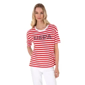 Kadın Kırmızı Çizgili Bisiklet Yaka Tişört thumbnail 1