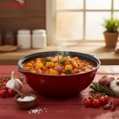 Lava Döküm Yuvarlak Özbek Kazanı / Tencere. Döküm Demir Yekpare Kulplu Çap(Ø)30cm.-Bordo thumbnail 7