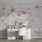 3 Boyutlu Beyaz Çiçek İnci motifli Duvar Kağıdı Baskı thumbnail 4