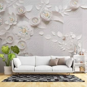 3 Boyutlu Beyaz Çiçek İnci motifli Duvar Kağıdı Baskı thumbnail 1
