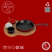 Lava Döküm Yuvarlak Kızartma Tavası Yekpare Saplı Kayın Ahşap Altlık. Çap(Ø)16cm. (Bu ürüne sos kapları dahil değildir)-Bordo thumbnail 4