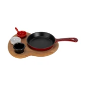 Lava Döküm Yuvarlak Kızartma Tavası Yekpare Saplı Kayın Ahşap Altlık. Çap(Ø)16cm. (Bu ürüne sos kapları dahil değildir)-Bordo thumbnail 1