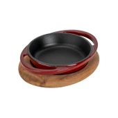 Lava Döküm Yuvarlak Sahan Döküm Demir Yekpare Çift Kulplu Kayın Servis Ahşabı Çap(Ø)12cm.-Bordo thumbnail 2