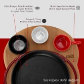 Lava Döküm Yuvarlak Sahan Döküm Demir Yekpare Çift Kulplu Kayın Servis Ahşabı Çap(Ø)20cm. (Sos kapları dahil değildir.)-Bordo thumbnail 6