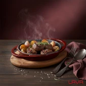 Lava Döküm Yuvarlak Sahan Döküm Demir Yekpare Çift Kulplu Kayın Servis Ahşabı Çap(Ø)12cm.-Bordo thumbnail 7