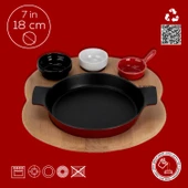 Lava Döküm Yuvarlak Sahan Döküm Demir Yekpare Çift Kulplu Kayın Servis Ahşabı. Çap(Ø)18cm. (Sos kapları dahil değildir.)-Bordo thumbnail 4