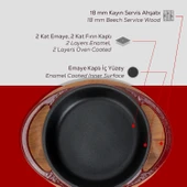 Lava Döküm Yuvarlak Sahan Döküm Demir Yekpare Çift Kulplu Kayın Servis Ahşabı Çap(Ø)12cm.-Bordo thumbnail 6