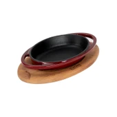 Lava Döküm Oval Sahan Döküm Demir Yekpare Çift Kulplu Kayın Servis Ahşabı Ölçü 15x10cm.-Bordo thumbnail 2