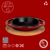 Lava Döküm Yuvarlak Sahan Döküm Demir Yekpare Çift Kulplu Kayın Servis Ahşabı Çap(Ø)12cm.-Bordo thumbnail 4