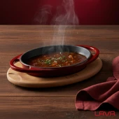 Lava Döküm Oval Sahan Döküm Demir Yekpare Çift Kulplu Kayın Servis Ahşabı Ölçü 15x10cm.-Bordo thumbnail 7