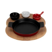 Lava Döküm Yuvarlak Sahan Döküm Demir Yekpare Çift Kulplu Kayın Servis Ahşabı. Çap(Ø)18cm. (Sos kapları dahil değildir.)-Bordo thumbnail 1