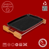 Lava Döküm Dikdörtgen Izgara Tepsi Kayın Servis Ahşabı Döküm Demir Yekpare Çift Kulplu Ölçü 31x42cm. thumbnail 4