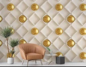 3 Boyutlu Altın Küre Beyaz Kare Desen Duvar Kağıdı Baskı thumbnail 6