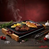 Lava Döküm Dikdörtgen Izgara Tepsi Kayın Servis Ahşabı Döküm Demir Yekpare Çift Kulplu Ölçü 31x42cm. thumbnail 7