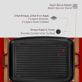 Lava Döküm Dikdörtgen Izgara Tepsi Kayın Servis Ahşabı Döküm Demir Yekpare Çift Kulplu Ölçü 31x42cm. thumbnail 6