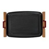 Lava Döküm Dikdörtgen Izgara Tepsi Kayın Servis Ahşabı Döküm Demir Yekpare Çift Kulplu Ölçü 31x42cm. thumbnail 3