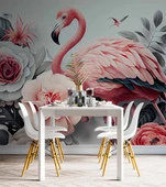 3 Boyutlu Pembe Pelikan ve Çiçek Duvar Kağıdı Baskı thumbnail 5