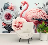 3 Boyutlu Pembe Pelikan ve Çiçek Duvar Kağıdı Baskı thumbnail 6