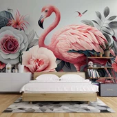 3 Boyutlu Pembe Pelikan ve Çiçek Duvar Kağıdı Baskı thumbnail 2