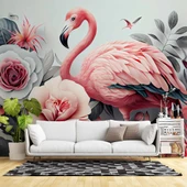 3 Boyutlu Pembe Pelikan ve Çiçek Duvar Kağıdı Baskı thumbnail 1