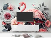 3 Boyutlu Pembe Pelikan ve Çiçek Duvar Kağıdı Baskı thumbnail 3