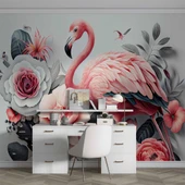 3 Boyutlu Pembe Pelikan ve Çiçek Duvar Kağıdı Baskı thumbnail 4