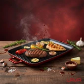 Lava Döküm Dikdörtgen Izgara Tepsi Döküm Demir Yekpare Çift Kulplu Ölçü 31x42cm.-Bordo thumbnail 7