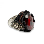 AgaKulche Gümüş Erkek Kırmızı Taşlı Damask Desen Yüzük thumbnail 2