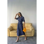 Lucky Life Kadın ÖNDEN  DÜĞMELİ KISA KOL ELBİSE - Mavi - 1